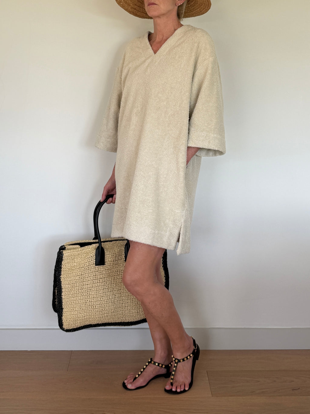 Winnie 3/4 Sleeve Mini Kaftan - Sand - Organic Cotton Towelling