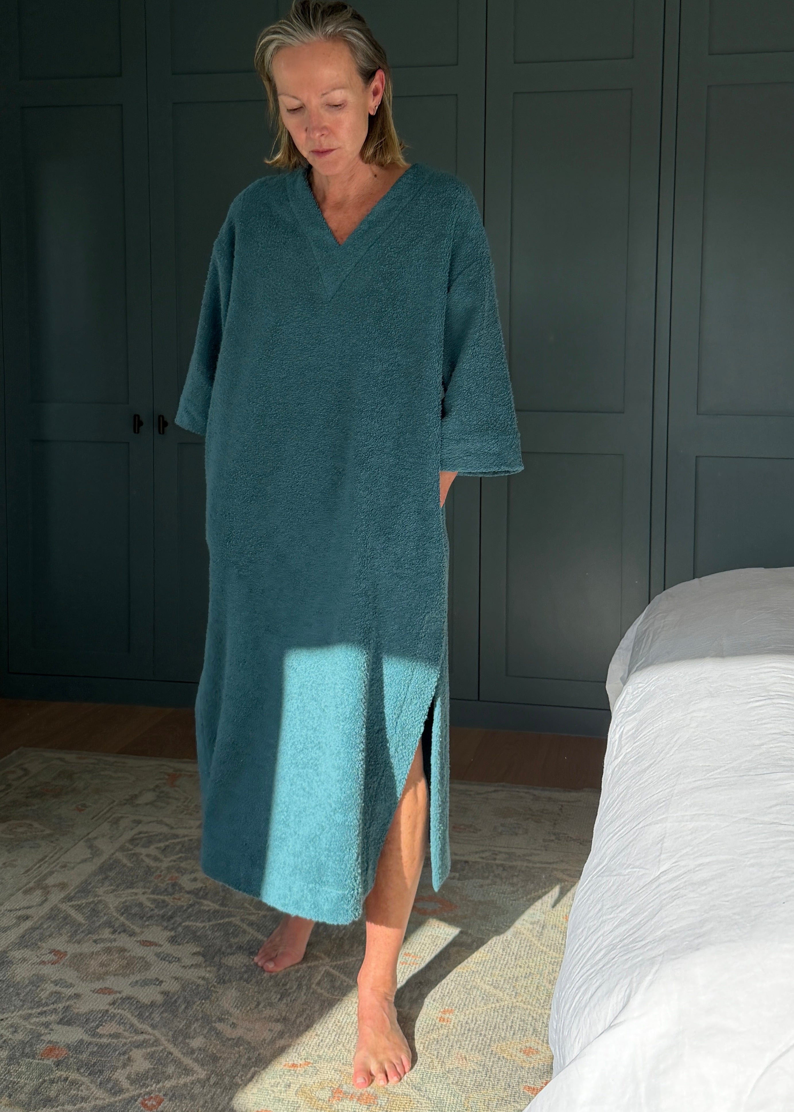 Molly 3/4 Sleeve Midi Kaftan - Teal - Organic Cotton Towelling