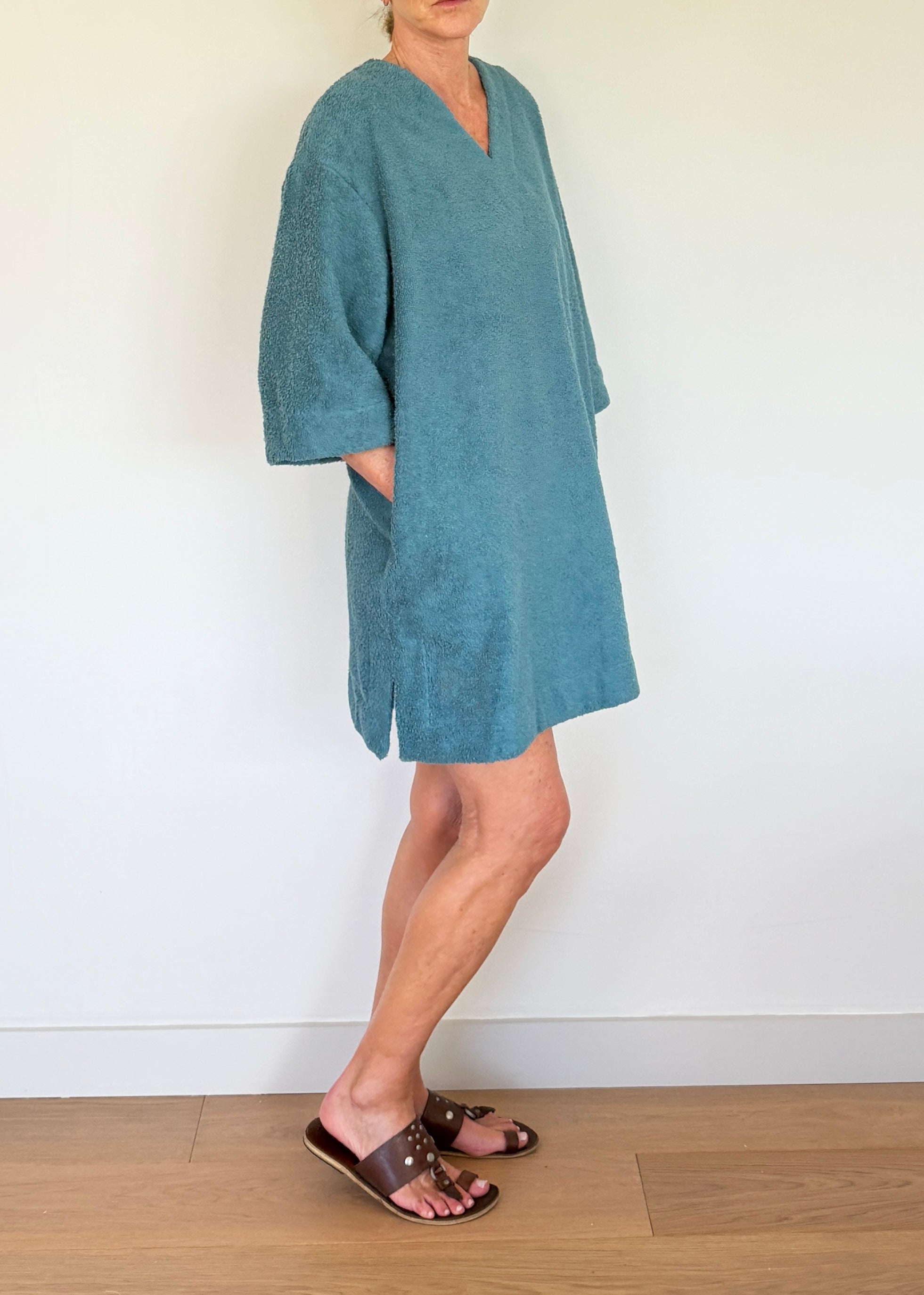 Winnie 3/4 Sleeve Mini Kaftan - Teal - Organic Cotton Towelling